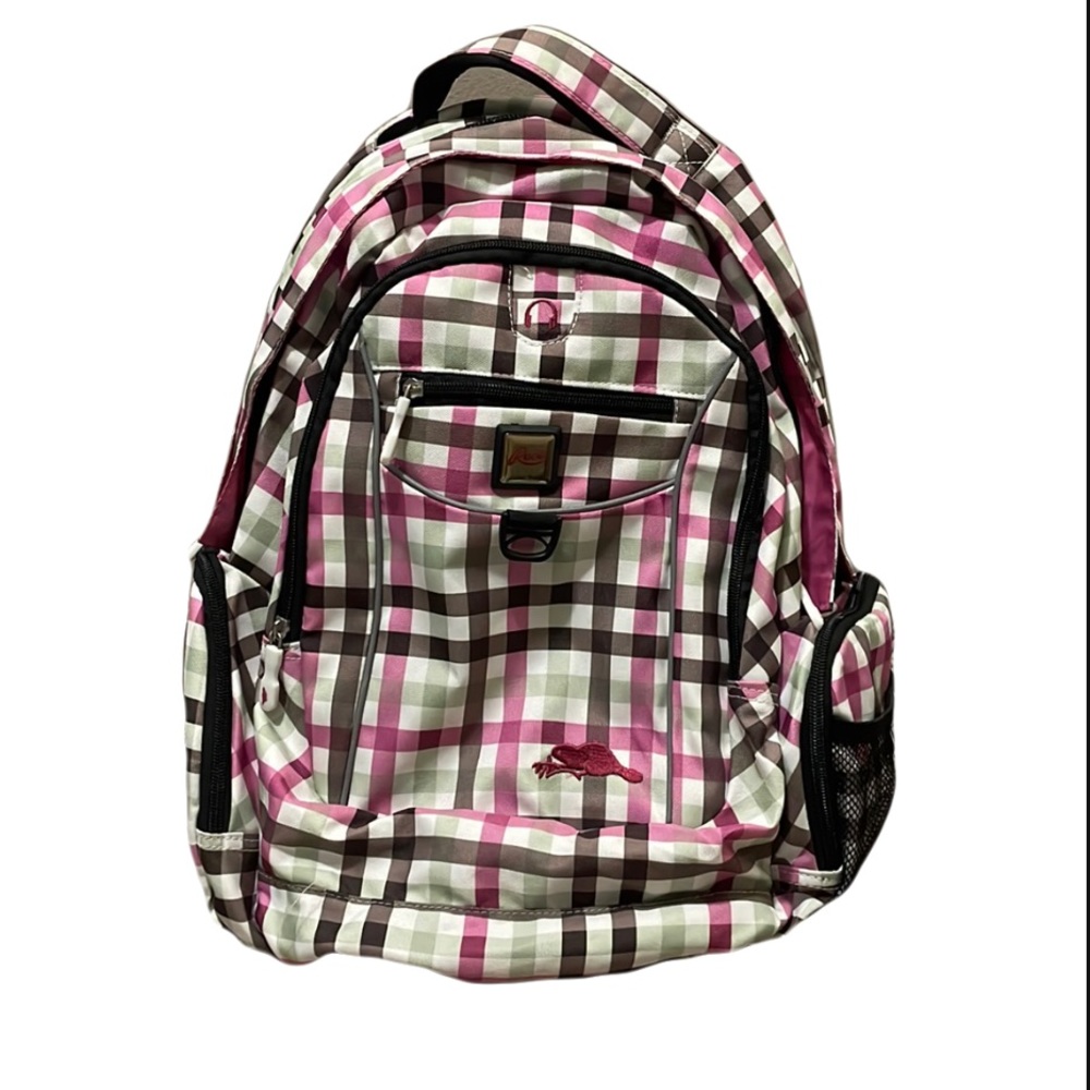 Roots backpack, pink, green and white plaid